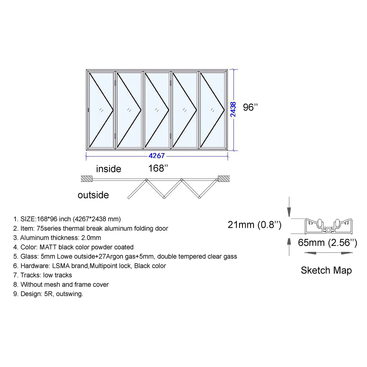 168x96 Aluminum Bifold Door – Oversized Tall Folding Door | Bright Fold