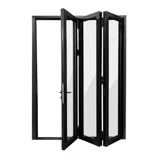 Black-framed folding glass door on a white background