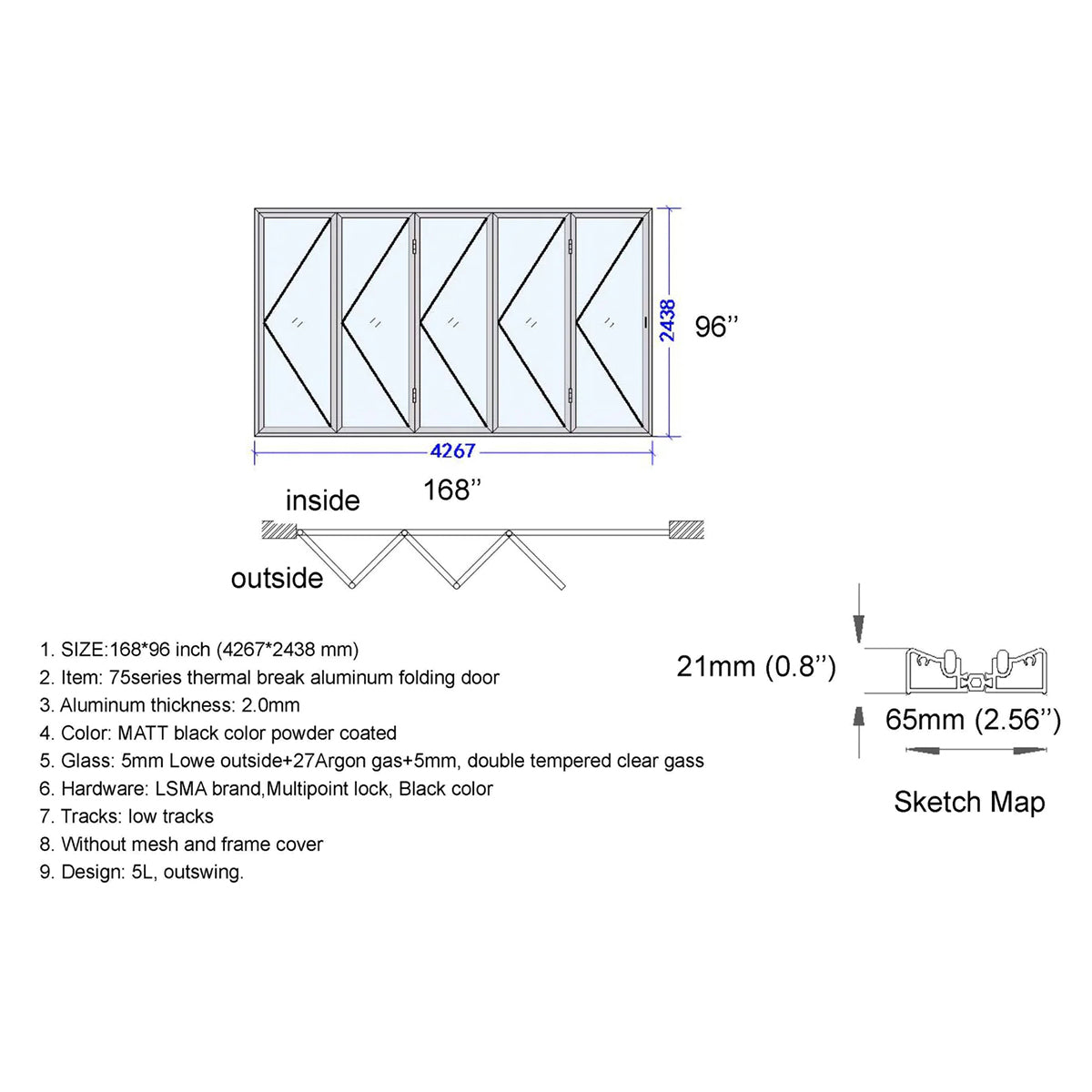 168x96 Aluminum Bifold Door – Oversized Tall Folding Door | Bright Fold