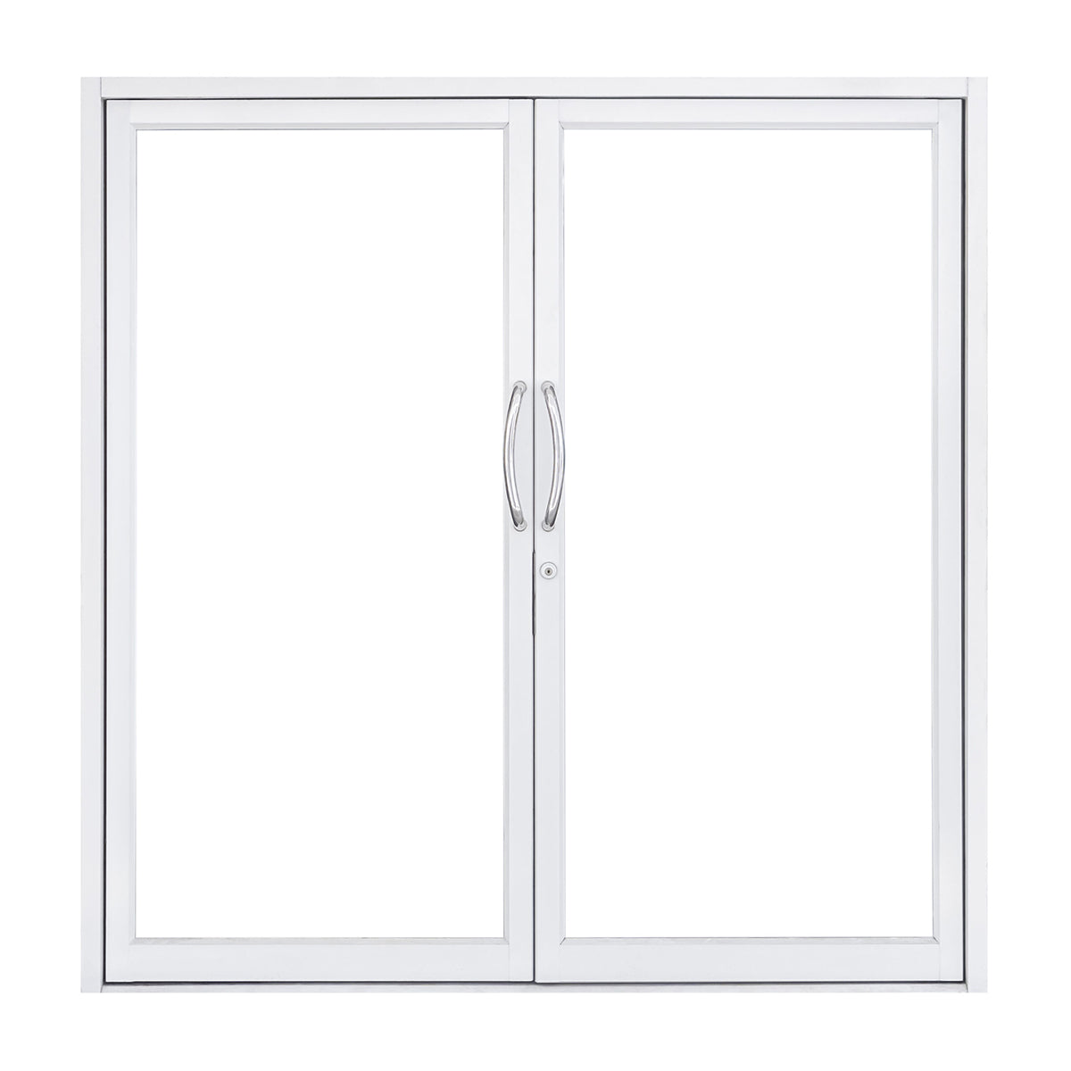 White sliding glass door with handles on a white background