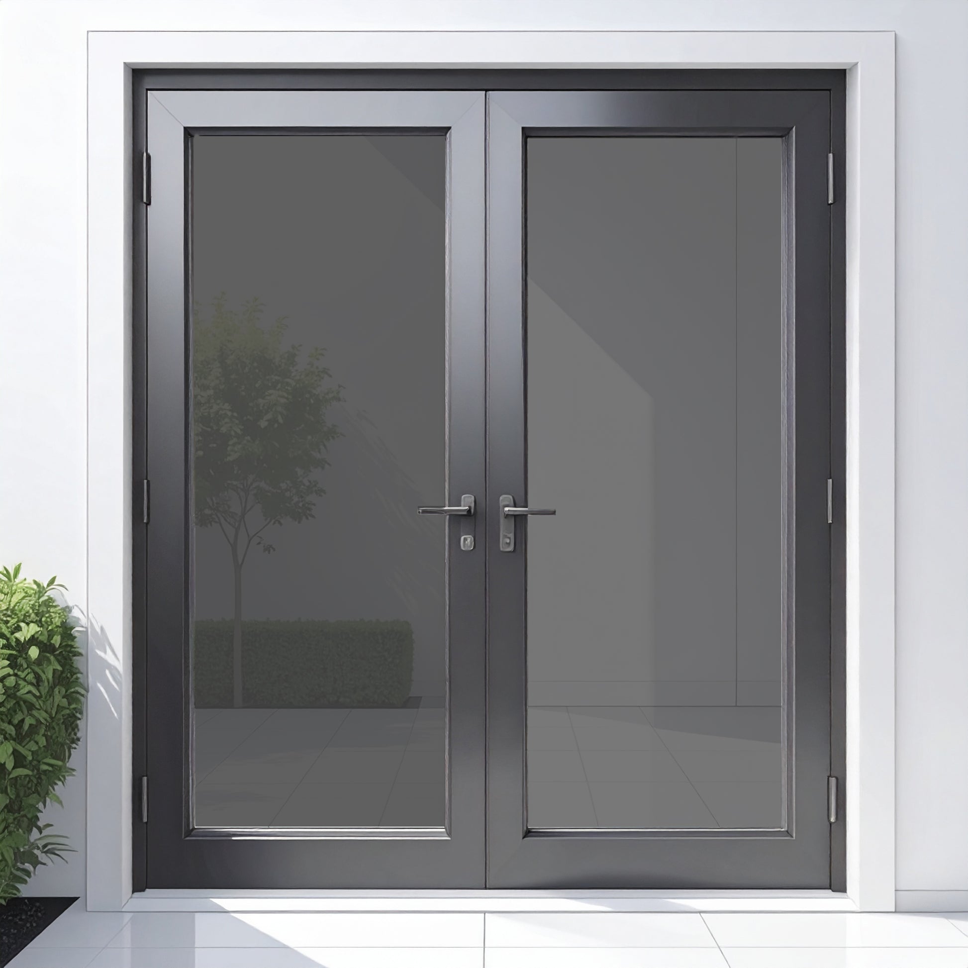 Sliding glass door with white frame on a house exterior
