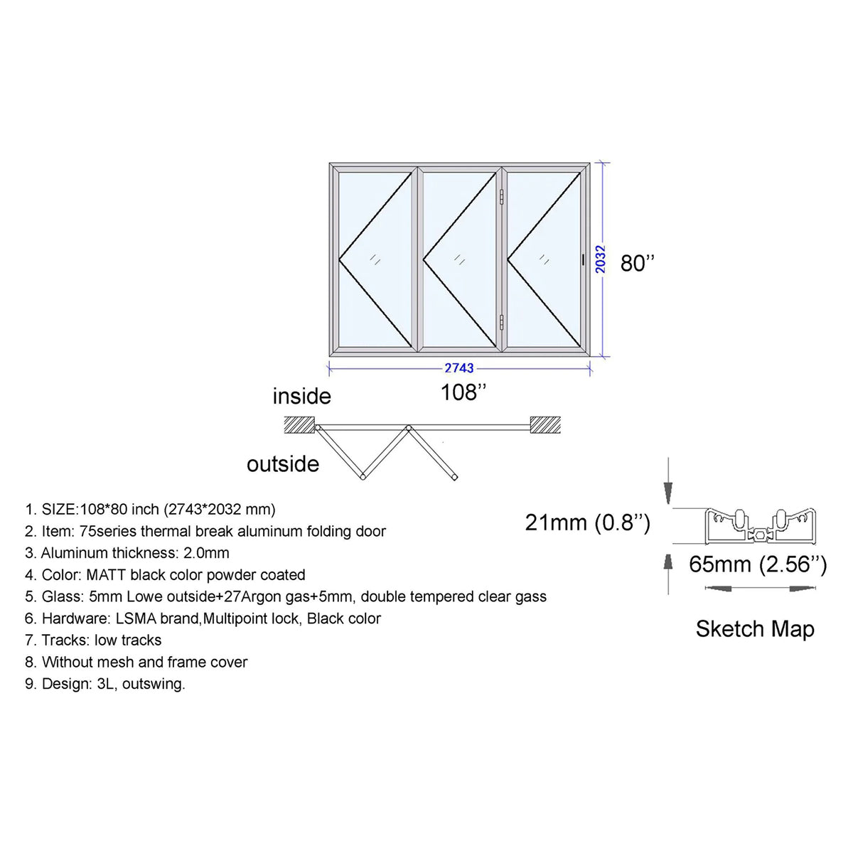 108x80 Aluminum Bifold Door – Large & Stylish Folding Door | Bright Fold
