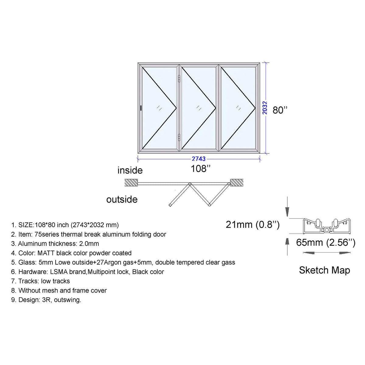 108x80 Aluminum Bifold Door – Large & Stylish Folding Door | Bright Fold