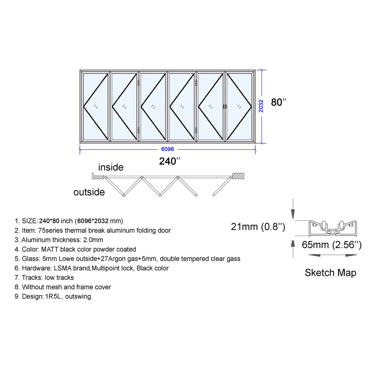 240x80 Aluminum Bifold Door – Extra-Large Folding Door | Bright Fold