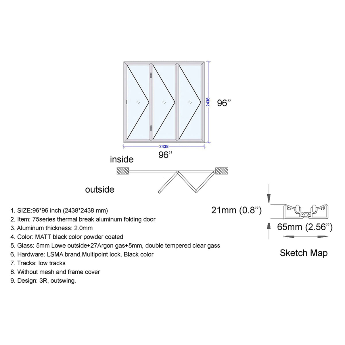 96x96 Aluminum Bifold Door – Tall & Wide Folding Door | Bright Fold