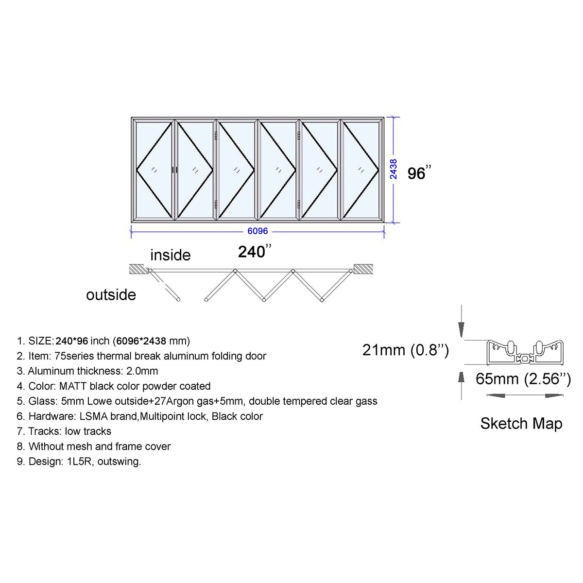 240x96 Aluminum Bifold Door – Extra-Large Tall Folding Door | Bright Fold