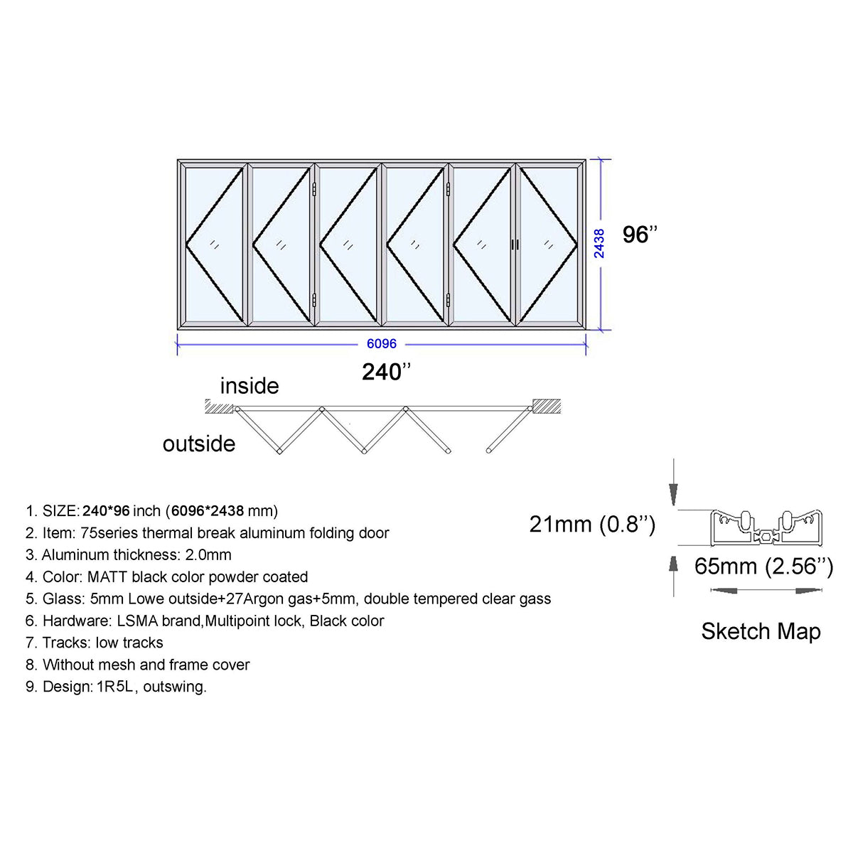 240x96 Aluminum Bifold Door – Extra-Large Tall Folding Door | Bright Fold