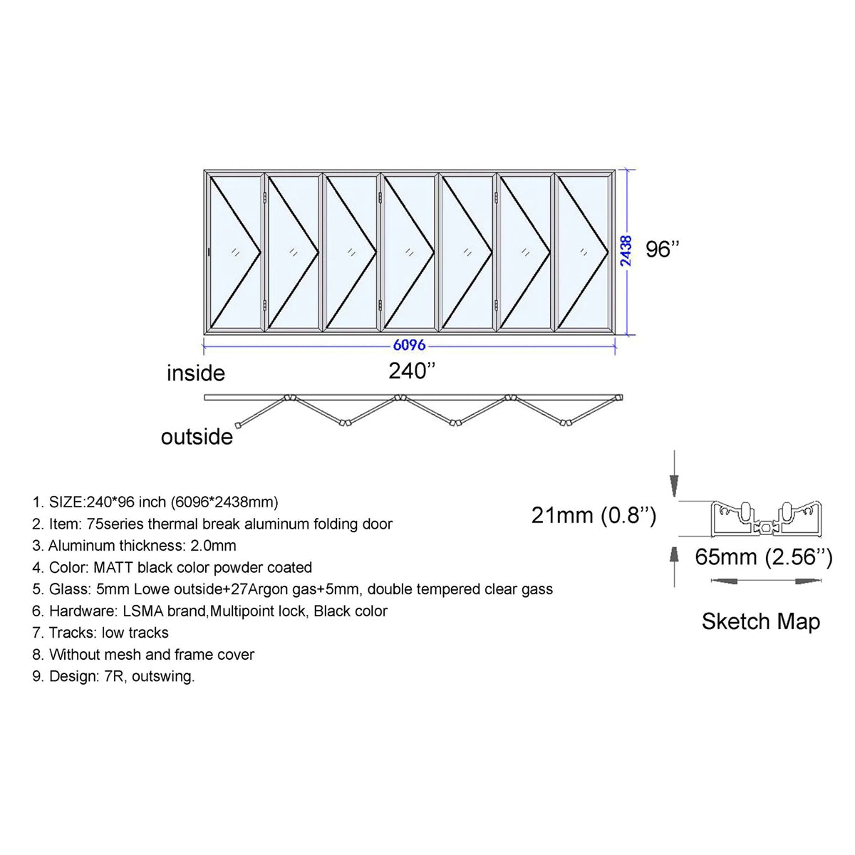 240x96 Aluminum Bifold Door – Extra-Large Tall Folding Door | Bright Fold